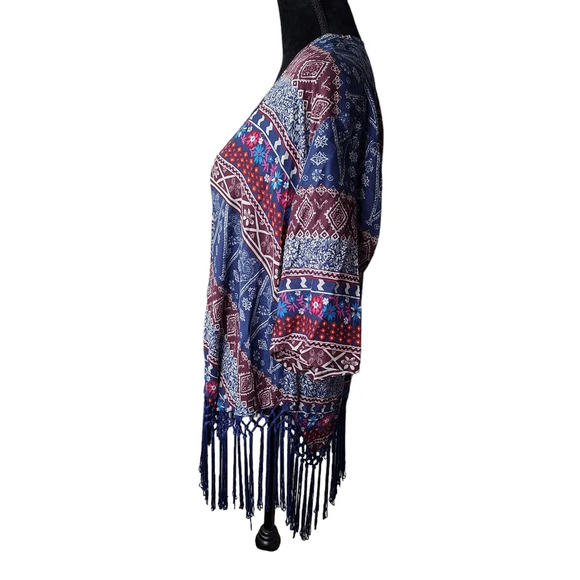 Hollister XS VTG Multi-Color‎ Print Kimono Cover-Up Blue Fringe Hem - Picture 3 of 14